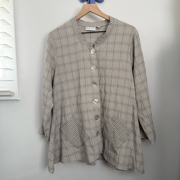 Habitat Tops - Habitat Medium Grey Plaid Button Up Shirt Plaid Lagenlook Relaxed Patch Pockets